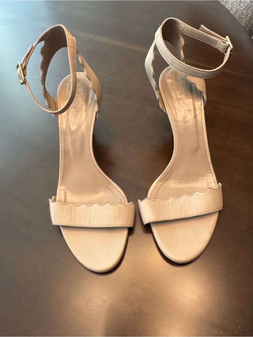 Chloe Beige Scalloped Ankle-Strap Sandals